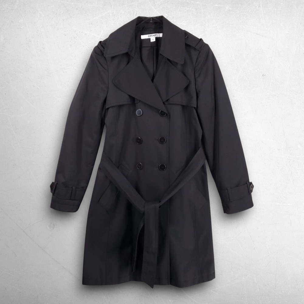 DKNY Double Breasted Belted Trench Coat Women PS Black Peacoat Quiet Luxury